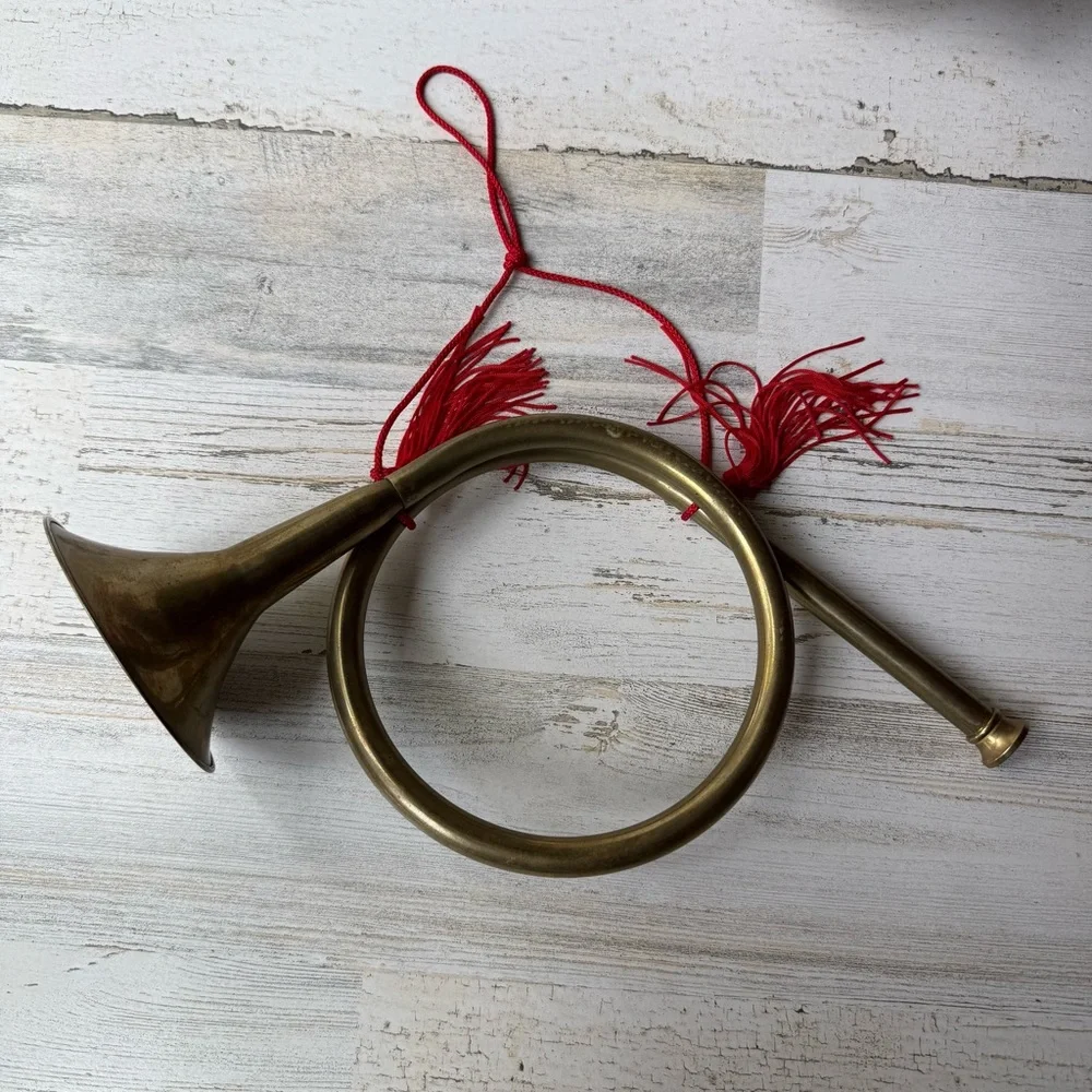 Vintage Brass French Horn Wall Decor Tassel Cording Christmas Holiday Decor